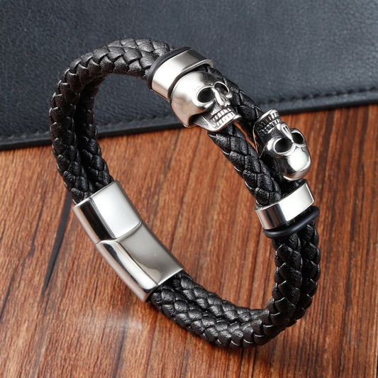Men’s Punk Leather Bracelet – Skull Charm Magnetic Stainless Steel Bangle