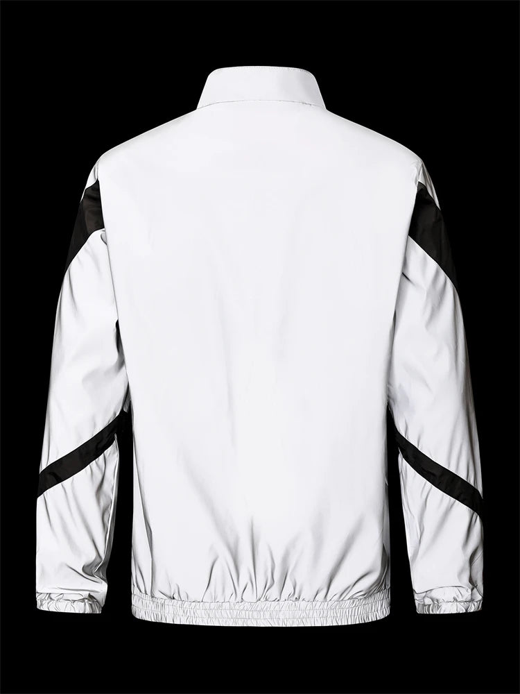 Men’s Night Reflective Patchwork Jacket – Stand Collar Streetwear | Spring & Autumn