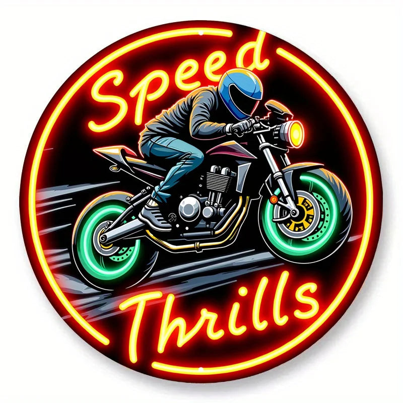 Vintage Neon Motorcycle Metal Sign – Speed Is Exciting