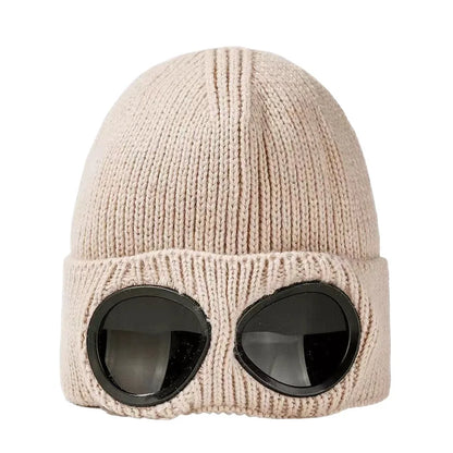 Knitted Winter Beanie with Goggles – Windproof Unisex Ski & Rider Hat