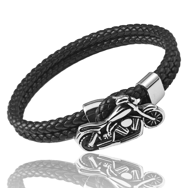 Hand-Woven Leather & Stainless Steel Multi-Layer Bracelet for Men