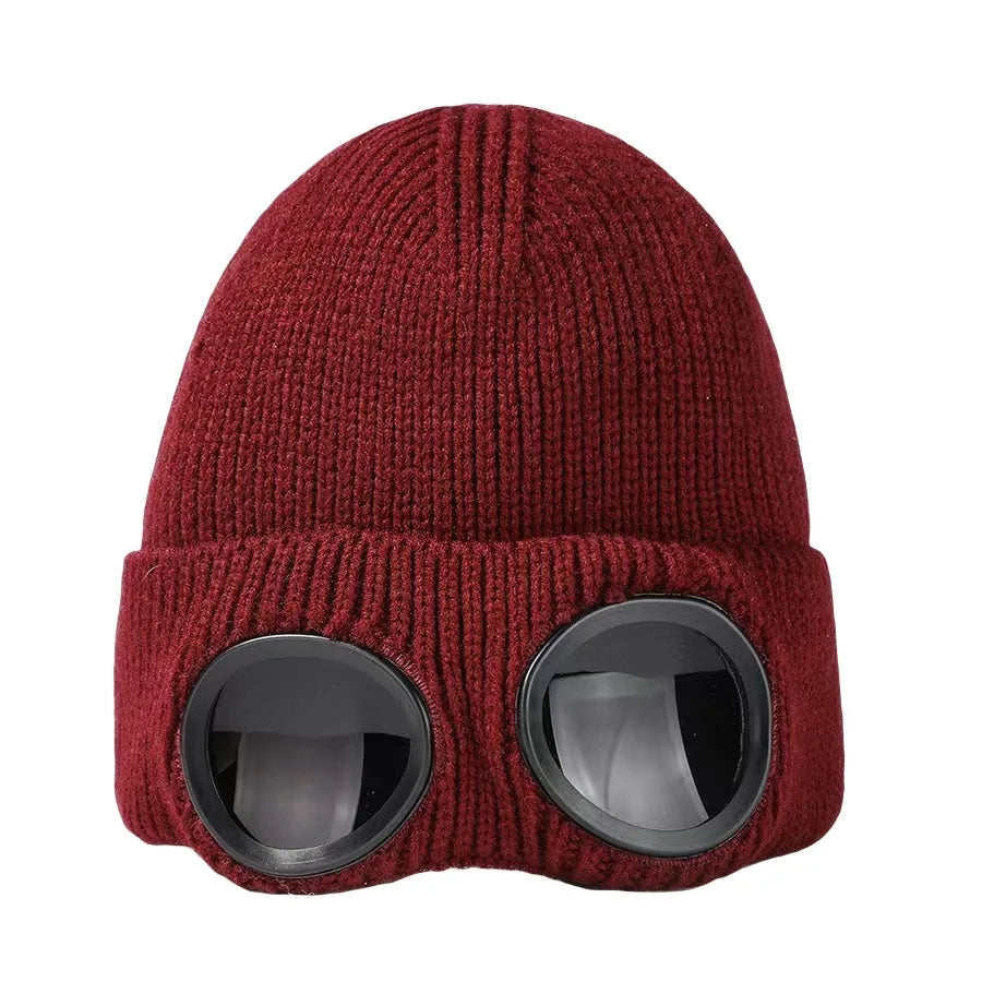 Knitted Winter Beanie with Goggles – Windproof Unisex Ski & Rider Hat