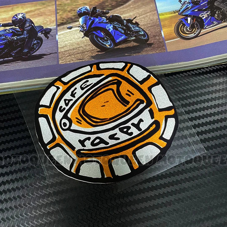 Cafe Racer Vintage Motorcycle Skull Sticker – Reflective PVC Decal for Helmet, Fuel Tank & Fender
