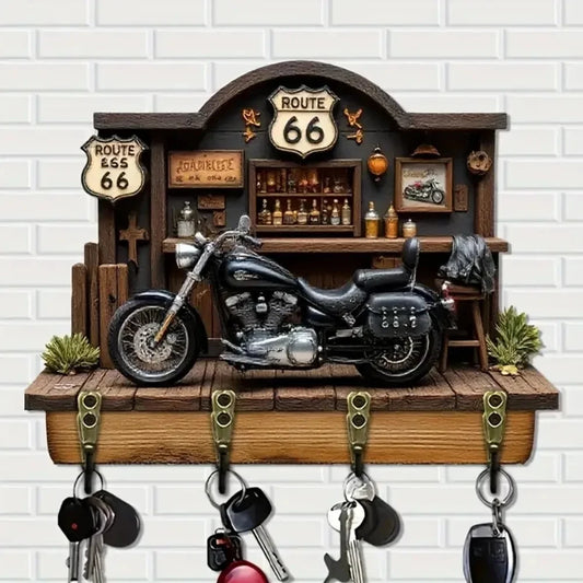 Route 66 Motorcycle Wooden Key Holder – Wall Hook Rack with 4 Hooks