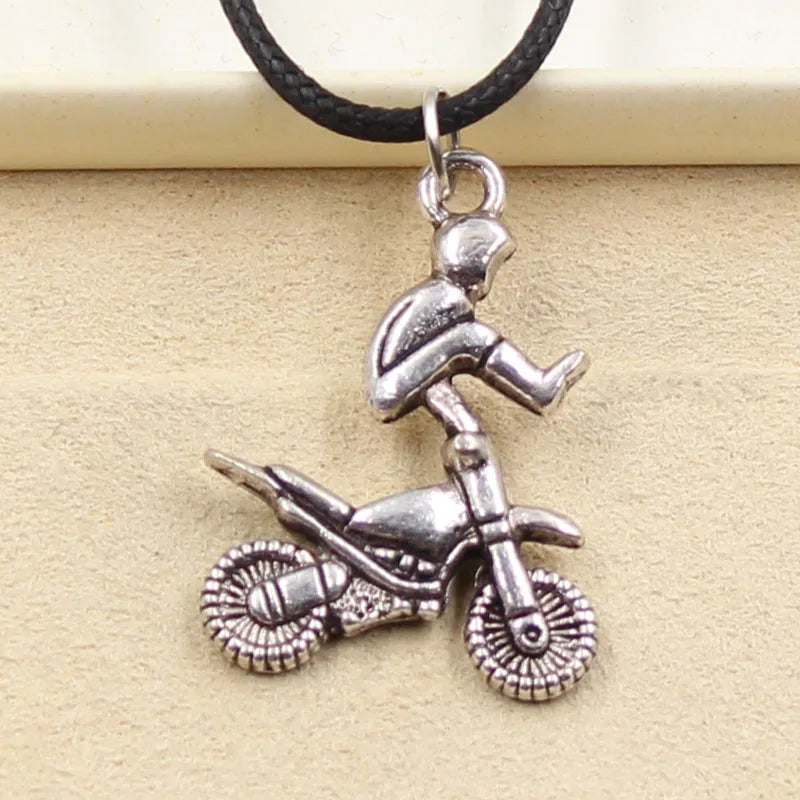 Tibetan Silver Motocross Rider Charm Choker Necklace – Black Leather Cord
