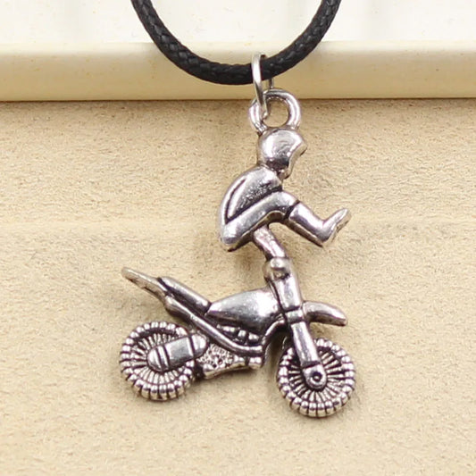 Tibetan Silver Motocross Rider Charm Choker Necklace – Black Leather Cord