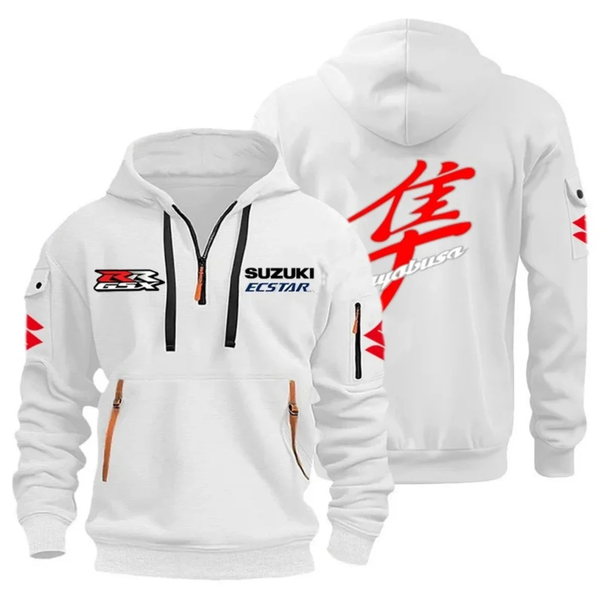 Motorcycle Rider Hoodie – Multi-Pocket Semi-Zip Graphic Sweatshirt