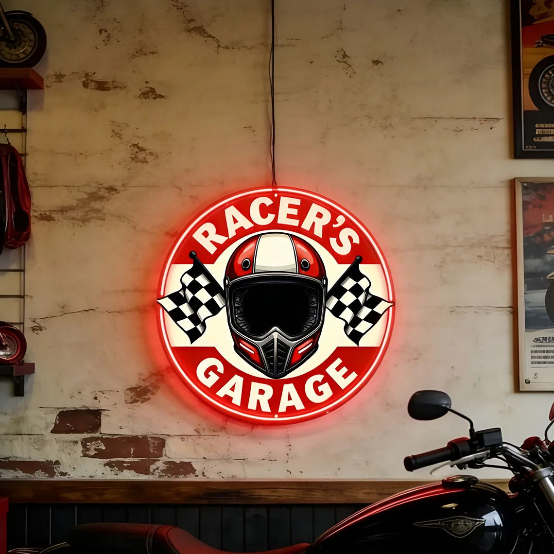 Racer's Garage LED Neon Sign – Retro Helmet & Racing Flag Wall Decor