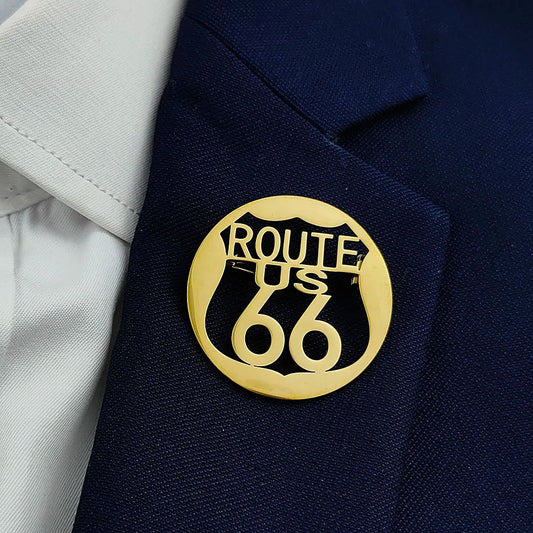 Route 66 Hollow-Cut Stainless Steel Lapel Pin – Gold, Silver & Black