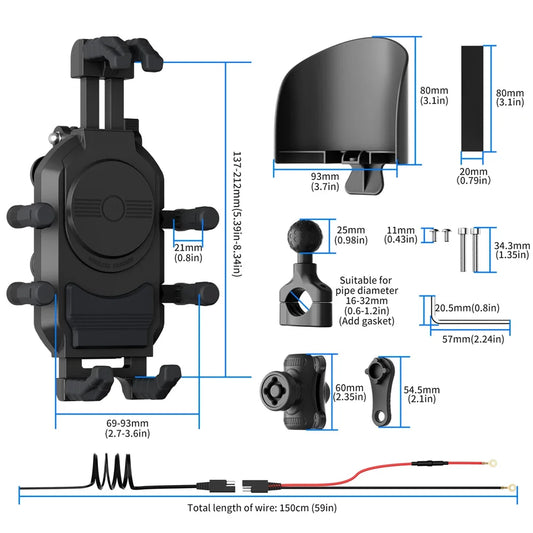 15W Wireless Charging Motorcycle Phone Mount – Waterproof, 360° Rotation, Anti-Theft | Handlebar or Mirror Mount