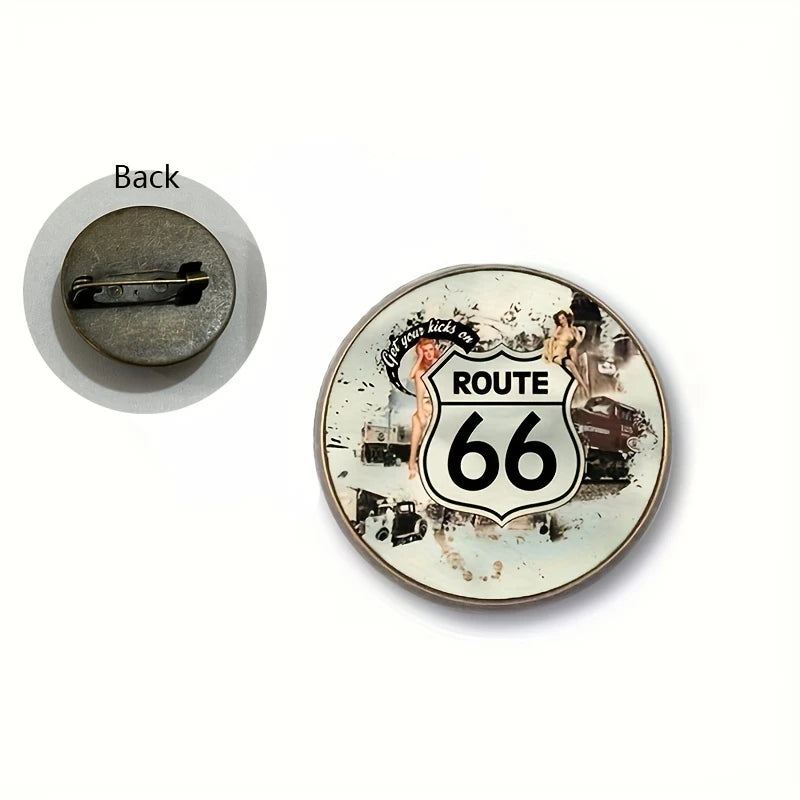Route 66 Vintage Glass Dome Brooch Pin – Motorcycle Americana Badge