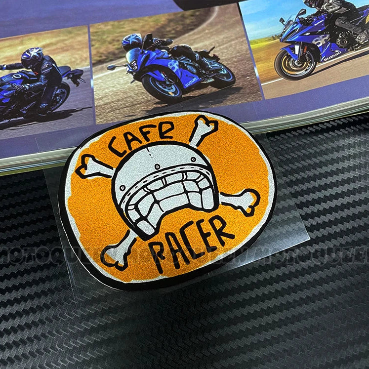 Cafe Racer Vintage Motorcycle Skull Sticker – Reflective PVC Decal for Helmet, Fuel Tank & Fender