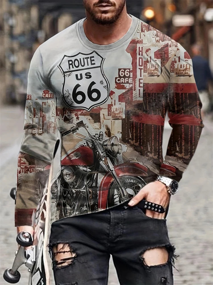 Vintage Motorcycle Print Long Sleeve T-Shirt – Men’s Moto Enthusiast Top, 6 Designs