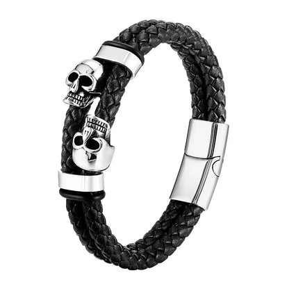 Men’s Punk Leather Bracelet – Skull Charm Magnetic Stainless Steel Bangle