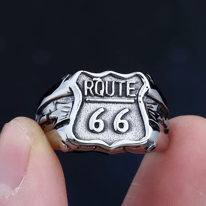 Route 66 Stainless Steel Biker Ring — Vintage Unisex