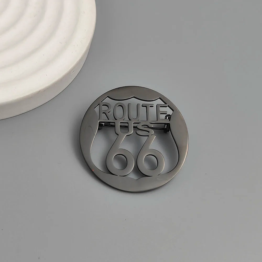 Route 66 Hollow-Cut Stainless Steel Lapel Pin – Gold, Silver & Black