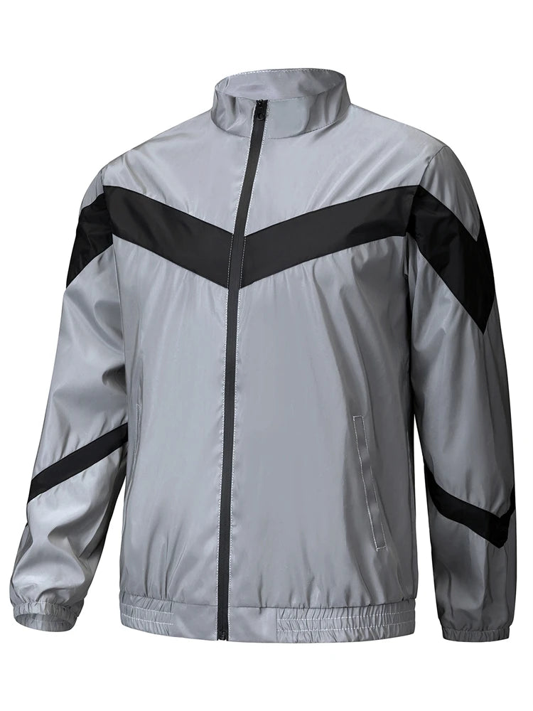 Men’s Night Reflective Patchwork Jacket – Stand Collar Streetwear | Spring & Autumn