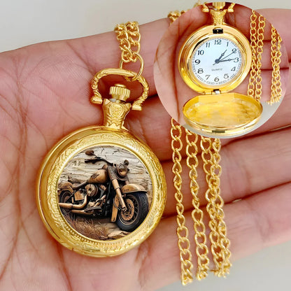 Vintage Motorcycle Biker Pocket Watch — Necklace Pendant