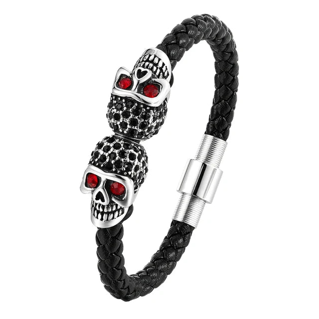 Men’s Punk Leather Bracelet – Skull Charm Magnetic Stainless Steel Bangle