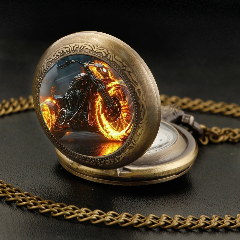 Fire Biker Pocket Watch — Necklace Pendant 10 Colors
