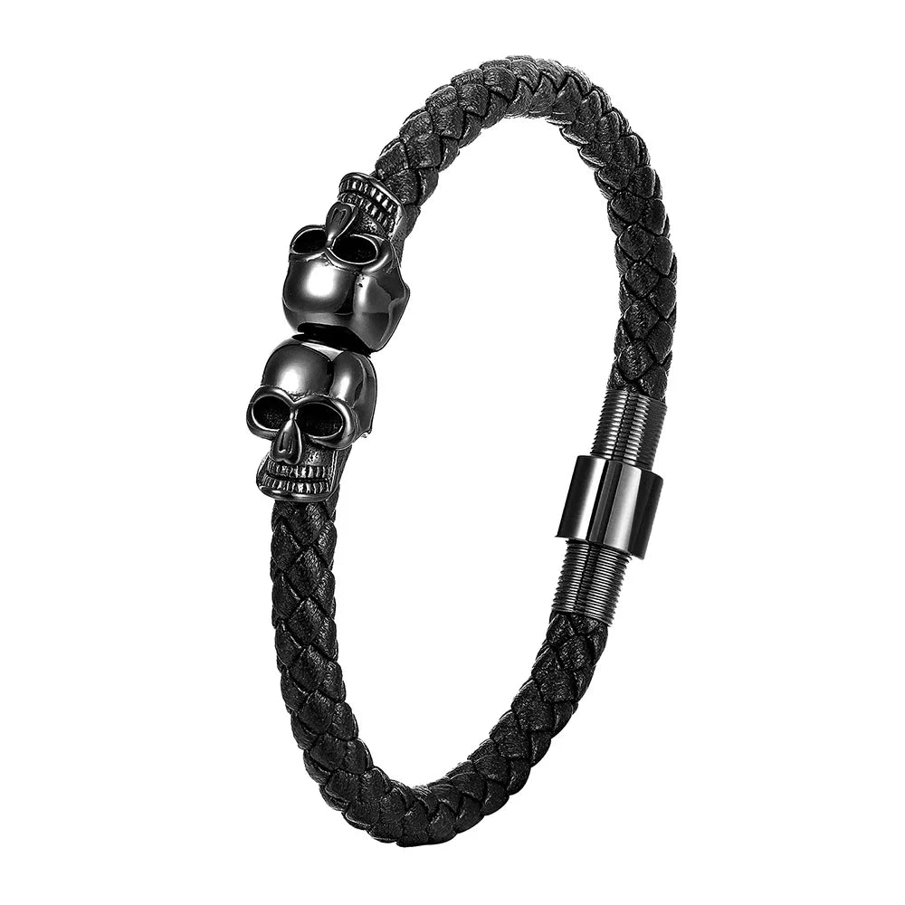 Men’s Punk Leather Bracelet – Skull Charm Magnetic Stainless Steel Bangle