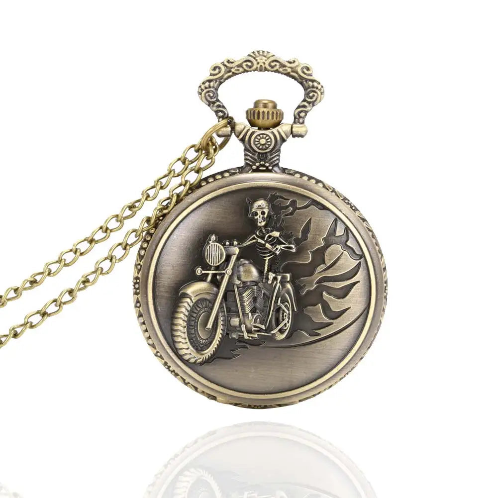 Motorcycle Relief Quartz Pocket Watch — Necklace Chain Included