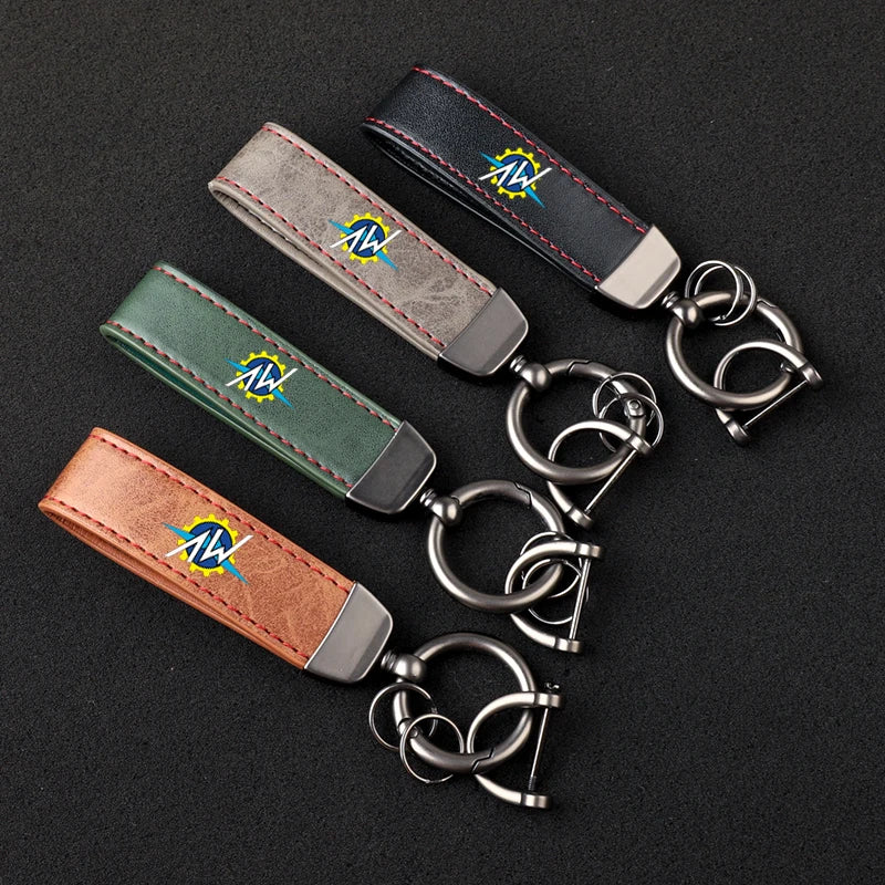 Italian Racing Crest Leather Motorcycle Keychain – Stitched Strap & Double Ring