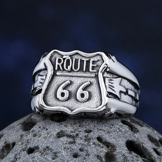 Route 66 Stainless Steel Biker Ring — Vintage Unisex