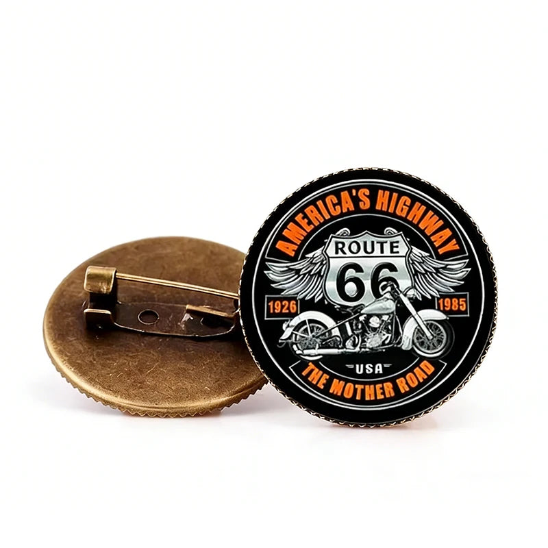 Route 66 Vintage Glass Dome Brooch Pin – Motorcycle Americana Badge
