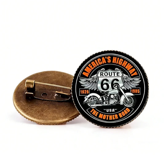 Route 66 Vintage Glass Dome Brooch Pin – Motorcycle Americana Badge
