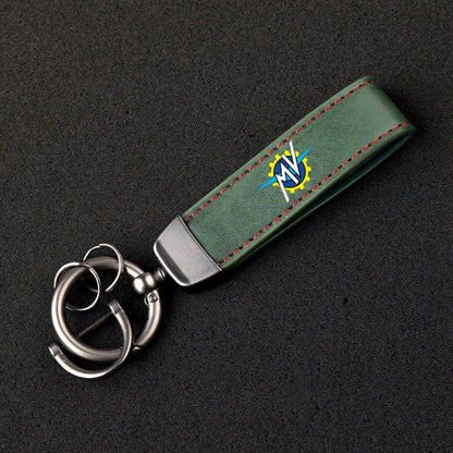 Italian Racing Crest Leather Motorcycle Keychain – Stitched Strap & Double Ring