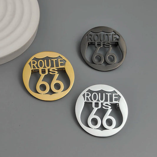 Route 66 Hollow-Cut Stainless Steel Lapel Pin – Gold, Silver & Black