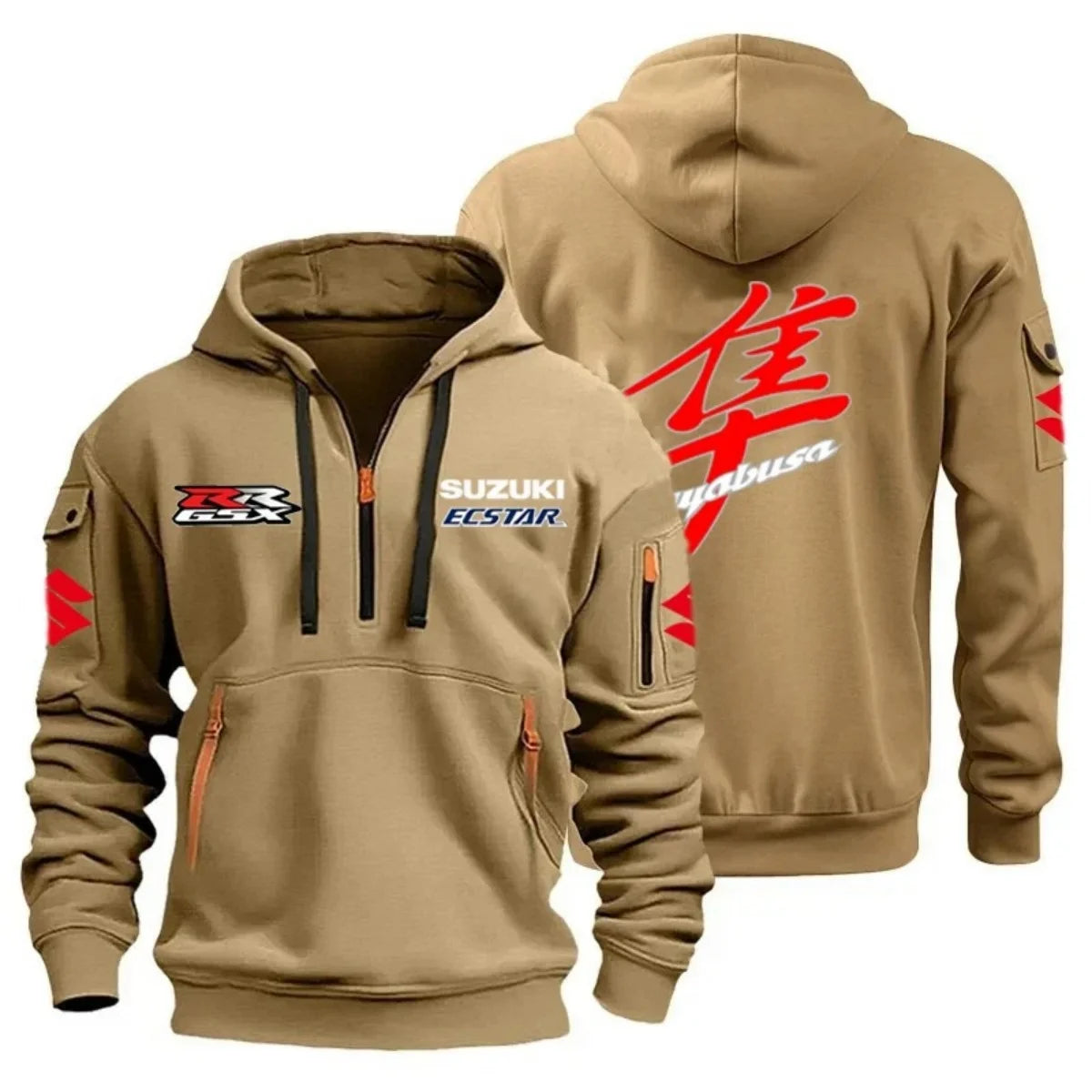 Motorcycle Rider Hoodie – Multi-Pocket Semi-Zip Graphic Sweatshirt