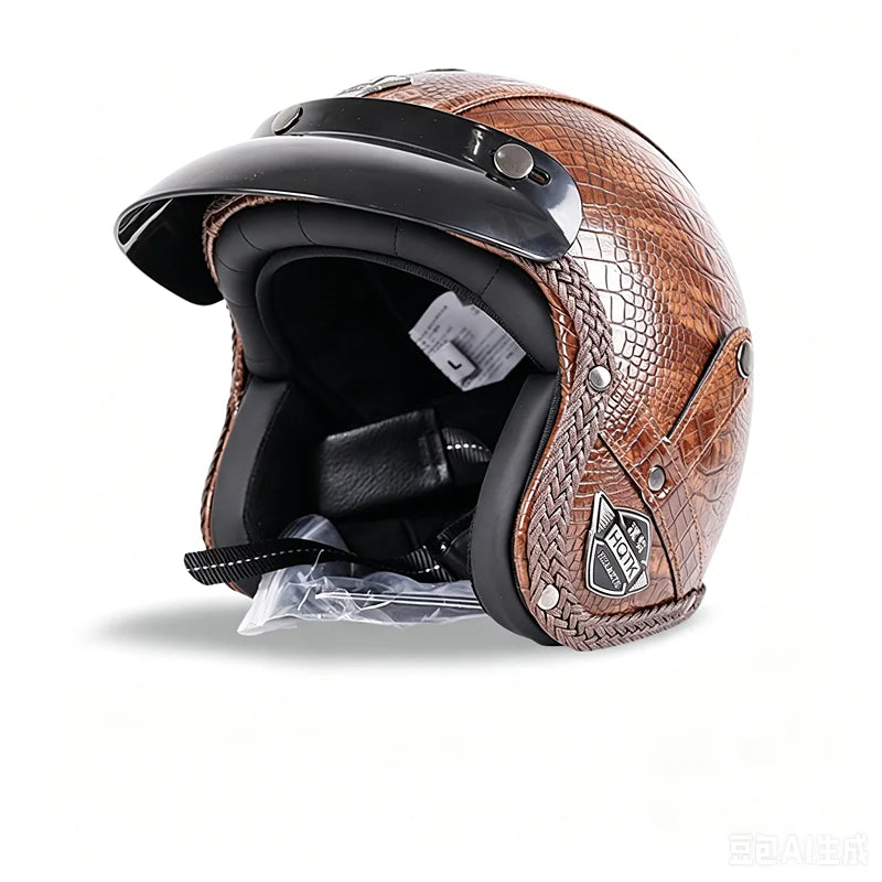 Classic Half-Face Motorcycle Helmet – Faux Leather Open Face Design, Unisex All Seasons