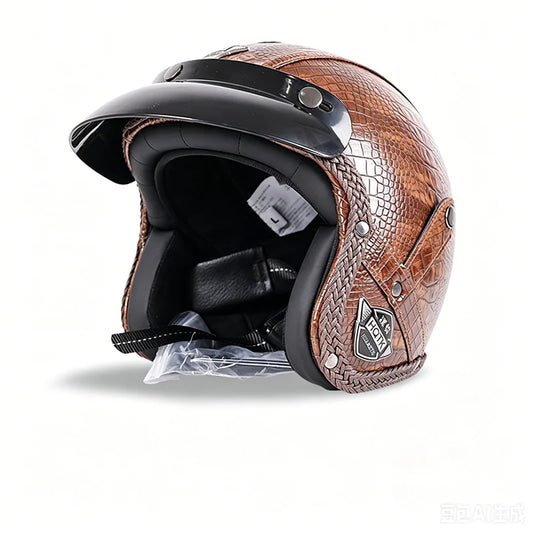 Classic Half-Face Motorcycle Helmet – Faux Leather Open Face Design, Unisex All Seasons