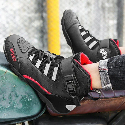 Men's Leather Motorcycle Ankle Boots – Breathable Anti-Slip Racing Shoes