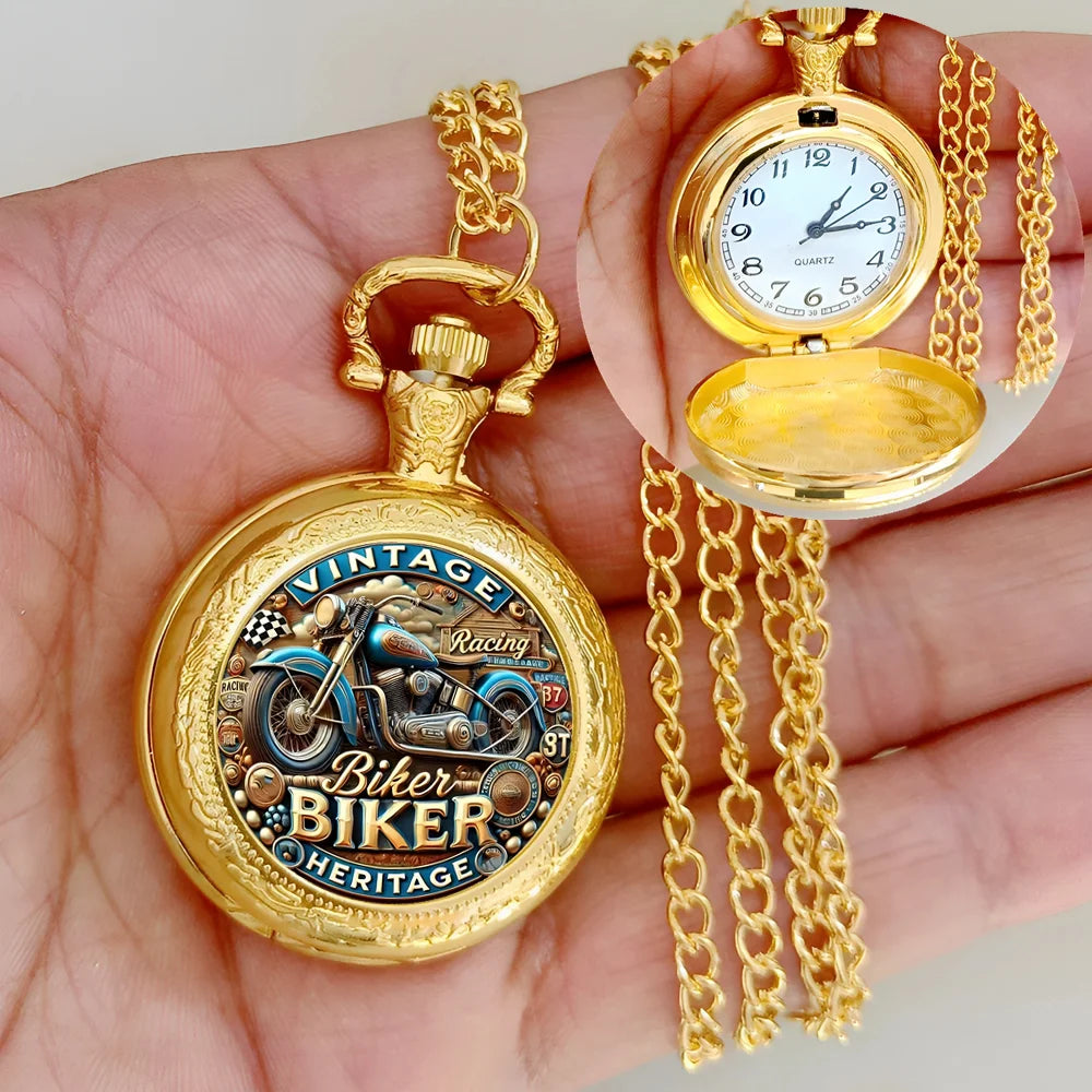 Vintage Motorcycle Biker Pocket Watch — Necklace Pendant