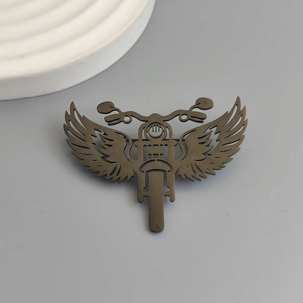 Winged Motorcycle Brooch Lapel Pin — Stainless Steel