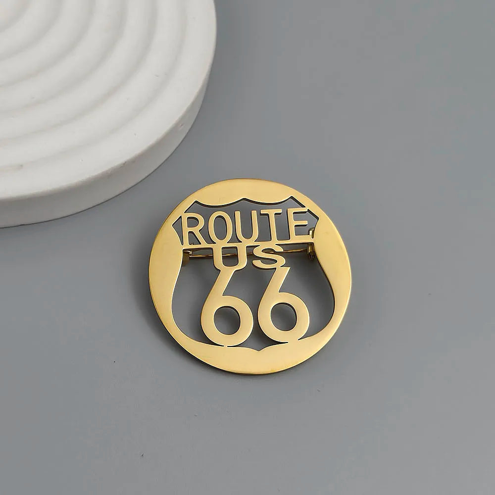 Route 66 Hollow-Cut Stainless Steel Lapel Pin – Gold, Silver & Black