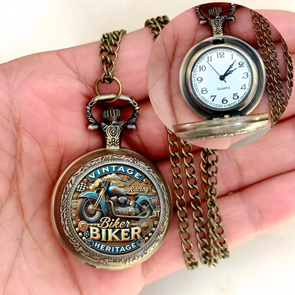 Vintage Motorcycle Biker Pocket Watch — Necklace Pendant