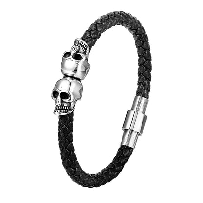 Men’s Punk Leather Bracelet – Skull Charm Magnetic Stainless Steel Bangle