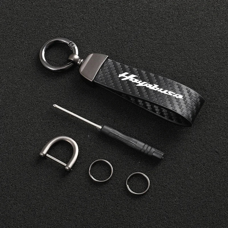Leather Motorcycle Keychain | Carbon Fiber Style Moto Keyring