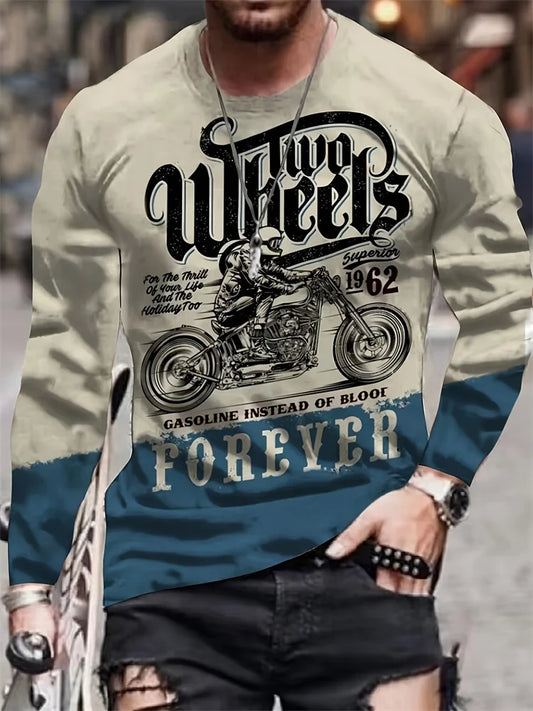 Vintage Motorcycle Print Long Sleeve T-Shirt – Men’s Moto Enthusiast Top, 6 Designs