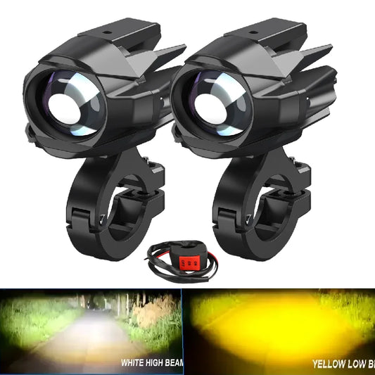 120W Dual-Mode LED Motorcycle Auxiliary Spotlights – White & Yellow Beam, IP67, Pair with Switch