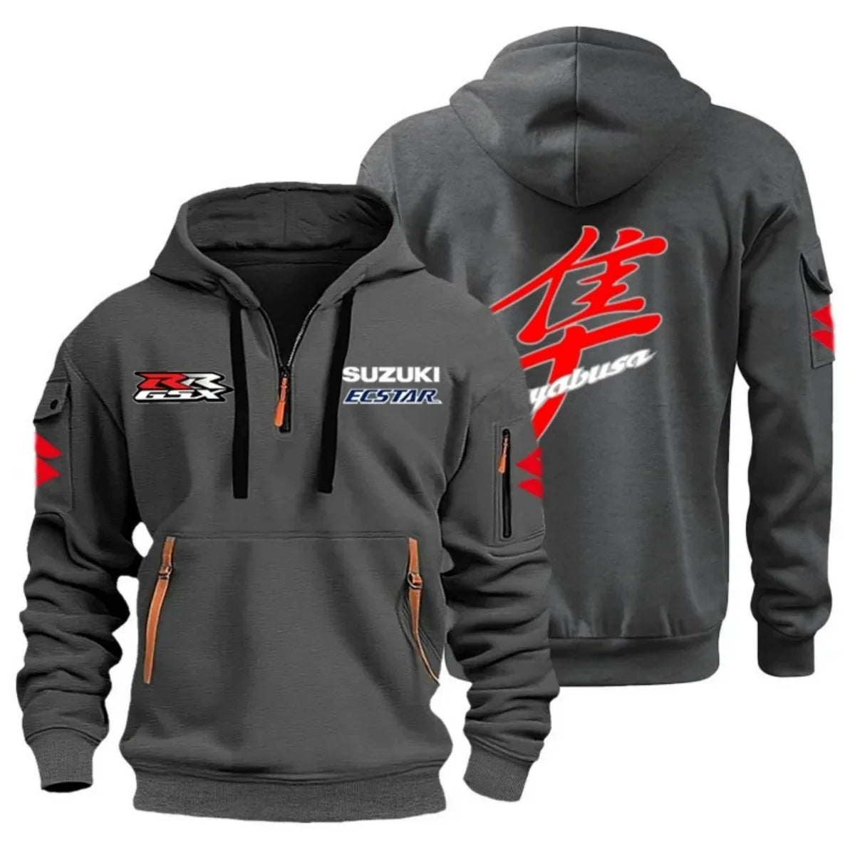 Motorcycle Rider Hoodie – Multi-Pocket Semi-Zip Graphic Sweatshirt