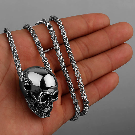 Gothic Skull Pendant Necklace – 316L Stainless Steel Wheat Chain
