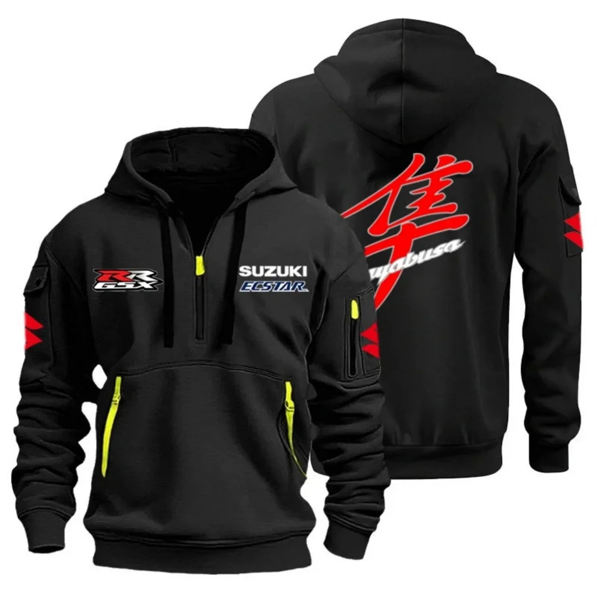 Motorcycle Rider Hoodie – Multi-Pocket Semi-Zip Graphic Sweatshirt