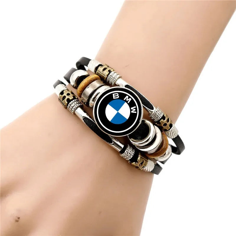 Motorsport Roundel Leather Bracelet – Multi-Strand Wristband with Metal Charm