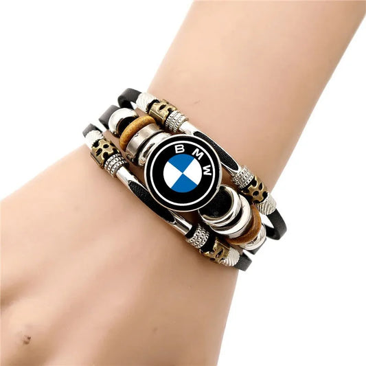 Motorsport Roundel Leather Bracelet – Multi-Strand Wristband with Metal Charm