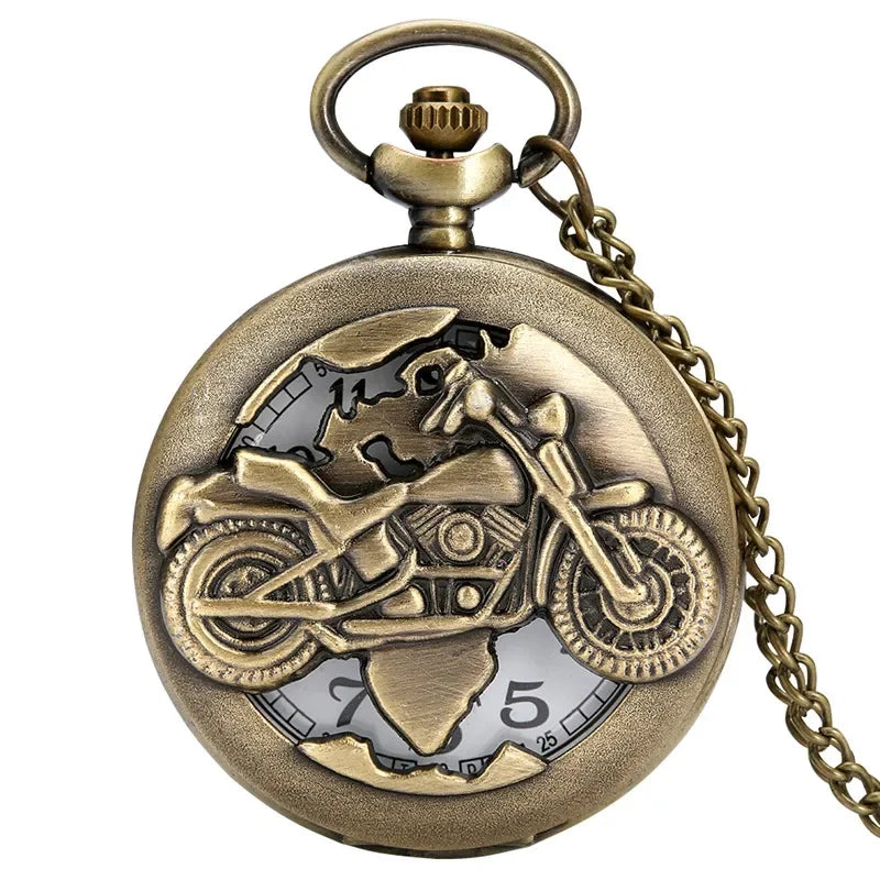 スチームパンク バイク型オープンワーク懐中時計 – アンティークブロンズ仕上げのクォーツ式、チェーン付き